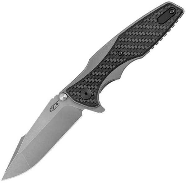 Zero Tolerance 0393GLCF Hinderer Flipper - CPM-20CV Stonewashed Blade -Stonewashed Titanium Framelock Handle with Glow Carbon Fiber Overlay - ZT0562GLCF