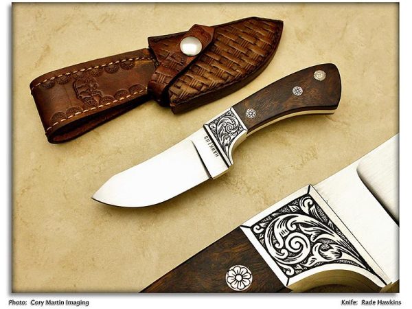 Hawkins, Rade - Ironwood Engraved Fat Skinner w/Sheath - Fixed Blade