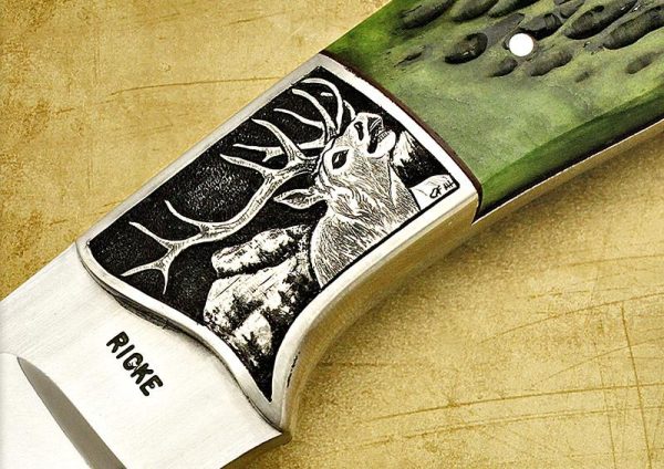 Ricke, Dave“ Green Bone Engraved Hunter w/Sheath“ Fixed Blade - Image 4
