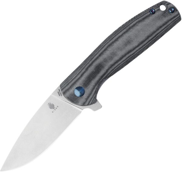 Kizer Gemini Linerlock - Bohler N690 Stonewashed Drop Point Blade - Black and White Linen Micarta Handle - KIV3471N4