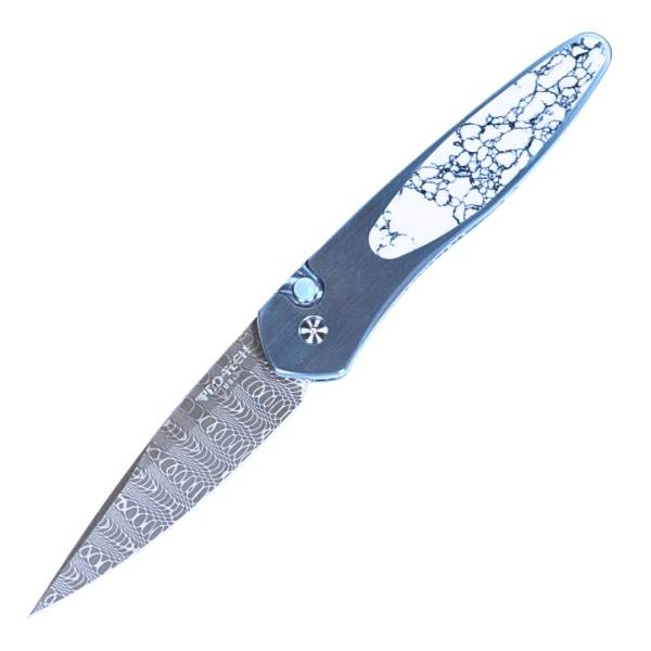 protech newport vegas forge damascus blue titanium stone inlay custom