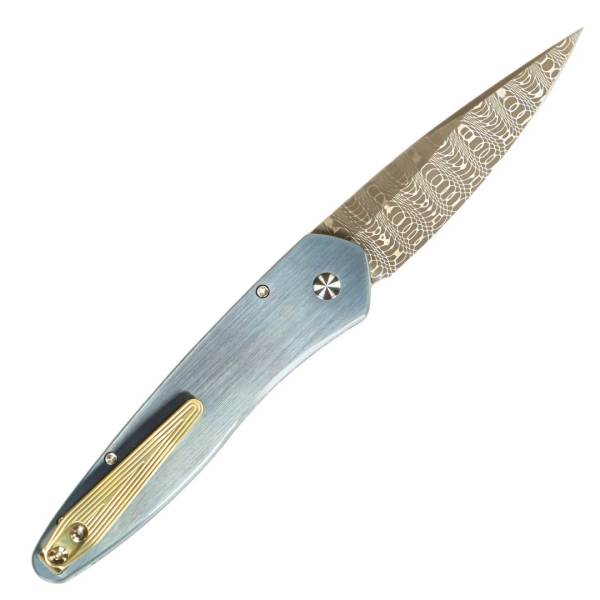 protech newport vegas forge damascus blue titanium stone inlay gold clip